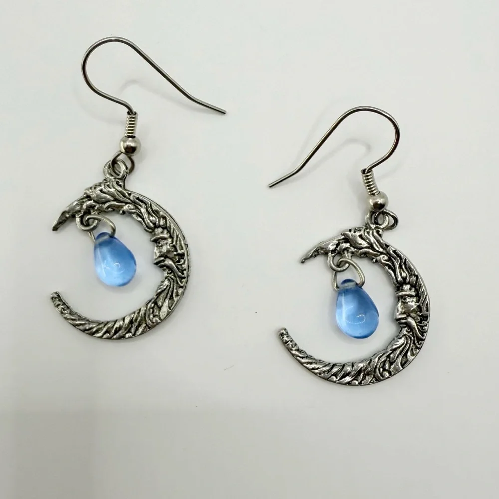 Man in the Moon Crescent Earrings with Blue Teardrop Bead
